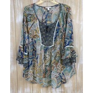 Westport 1962 Women's Blouse L Multi Paisley 3/4 Sleeve Floral Sheer Cottagecore